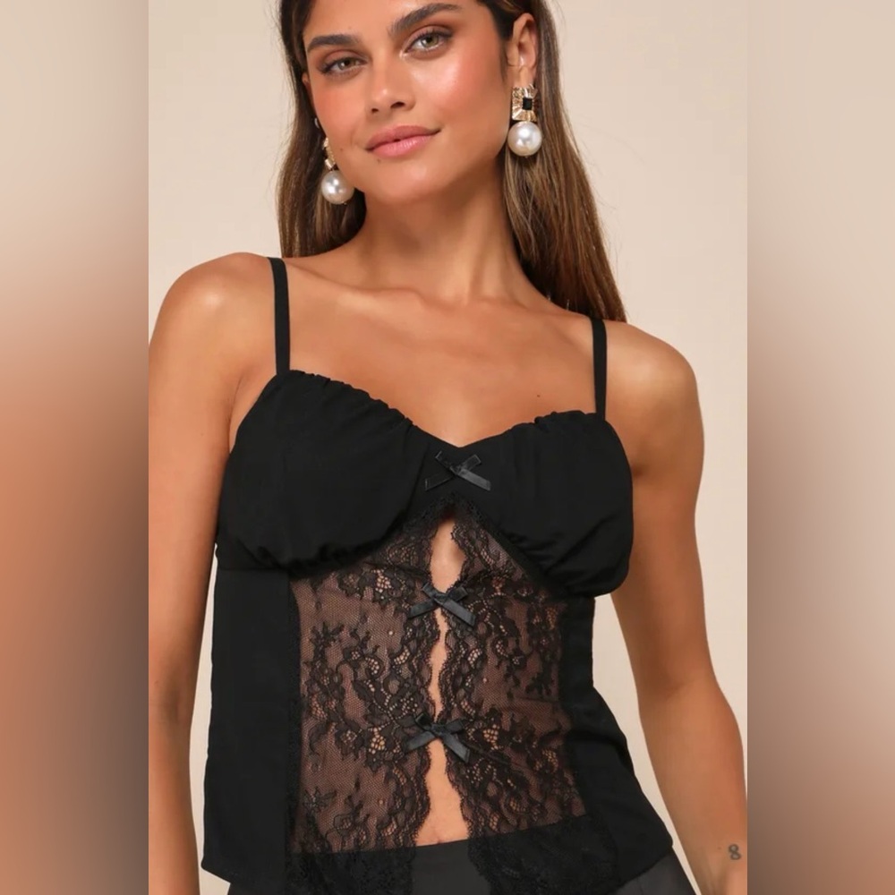Lulus Sultry Pick Mesh Sheer Lace Bow Cami Top - Picture 3 of 9